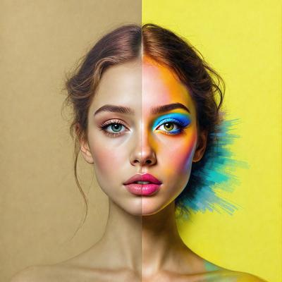 The primary subject of the image is a woman with a colorful makeup look. She is wearing a blue eye shadow and a yellow lipstick. The setting is a yellow background, which adds to the vibrant and lively atmosphere of the image. The visual style is a combination of a photo and digital art, creating a unique and eye-catching portrait. The colors and mood of the image are energetic and bold, reflecting the woman's confident and expressive personality.